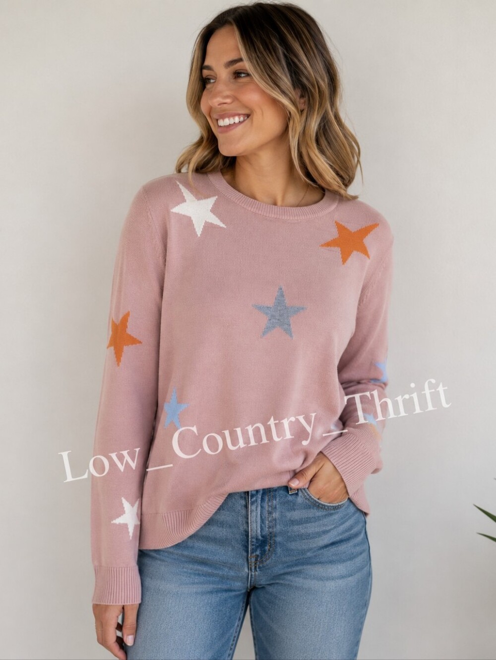 THML Star Print Sweater Pink Blush Women's Medium Lightweight